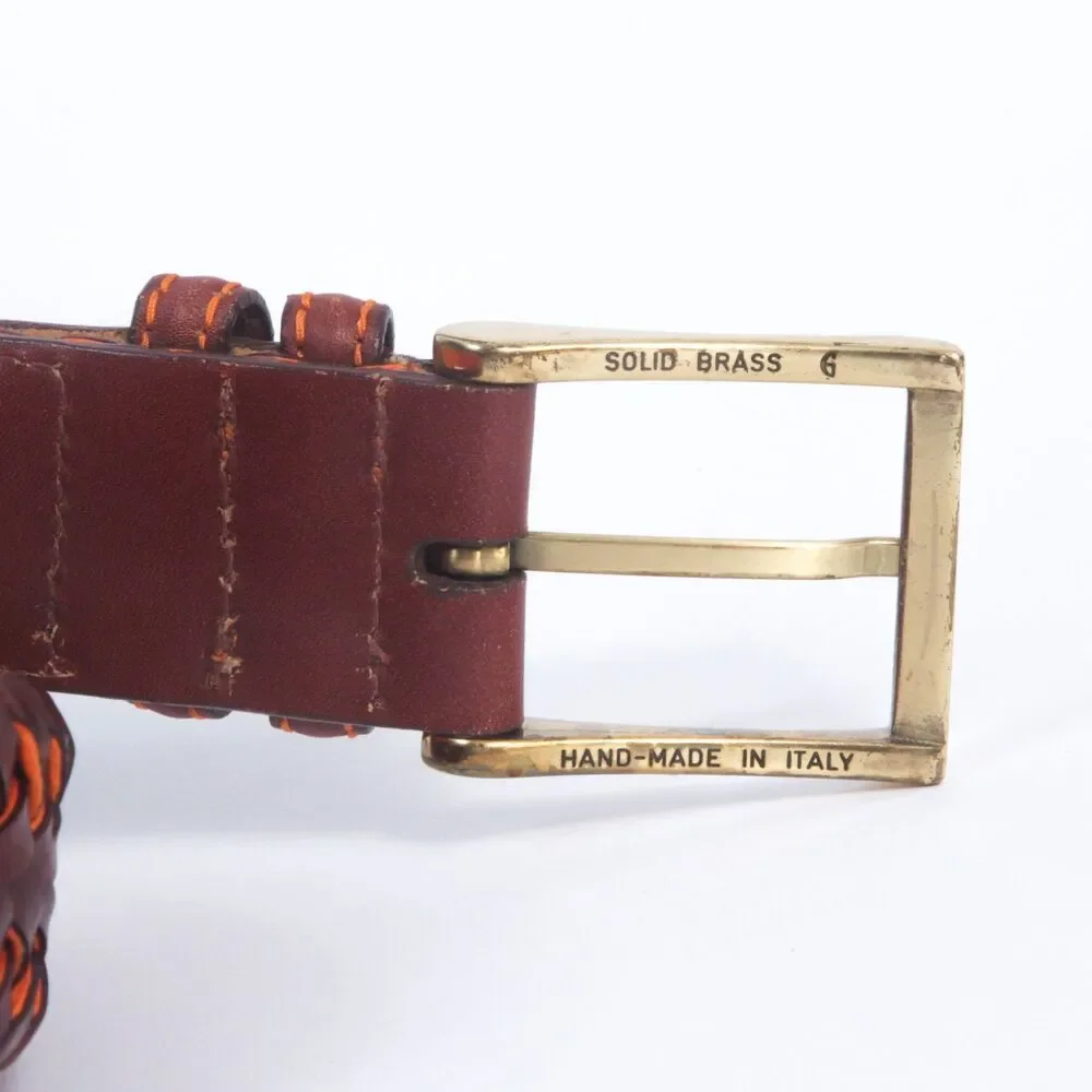 Barneys New York Mens Size 36 Woven Braided Leather Belt Brown Solid Brass Italy